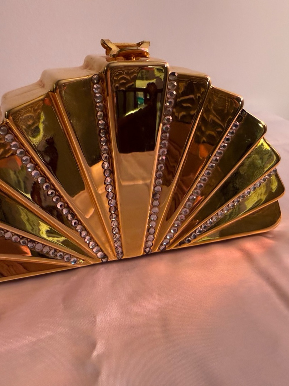 Gold Crystal-Embellished Fan Clutch - Women Bags